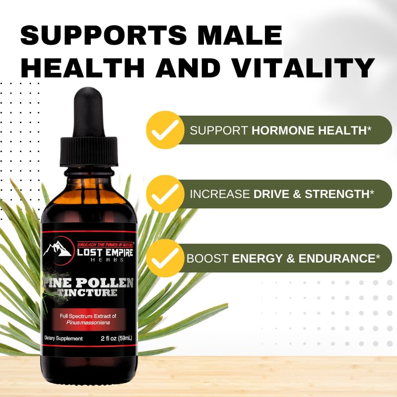Lost Empire Herbs Pine Pollen Tincture label closeup; clarity on ingredients and lab-tested quality.