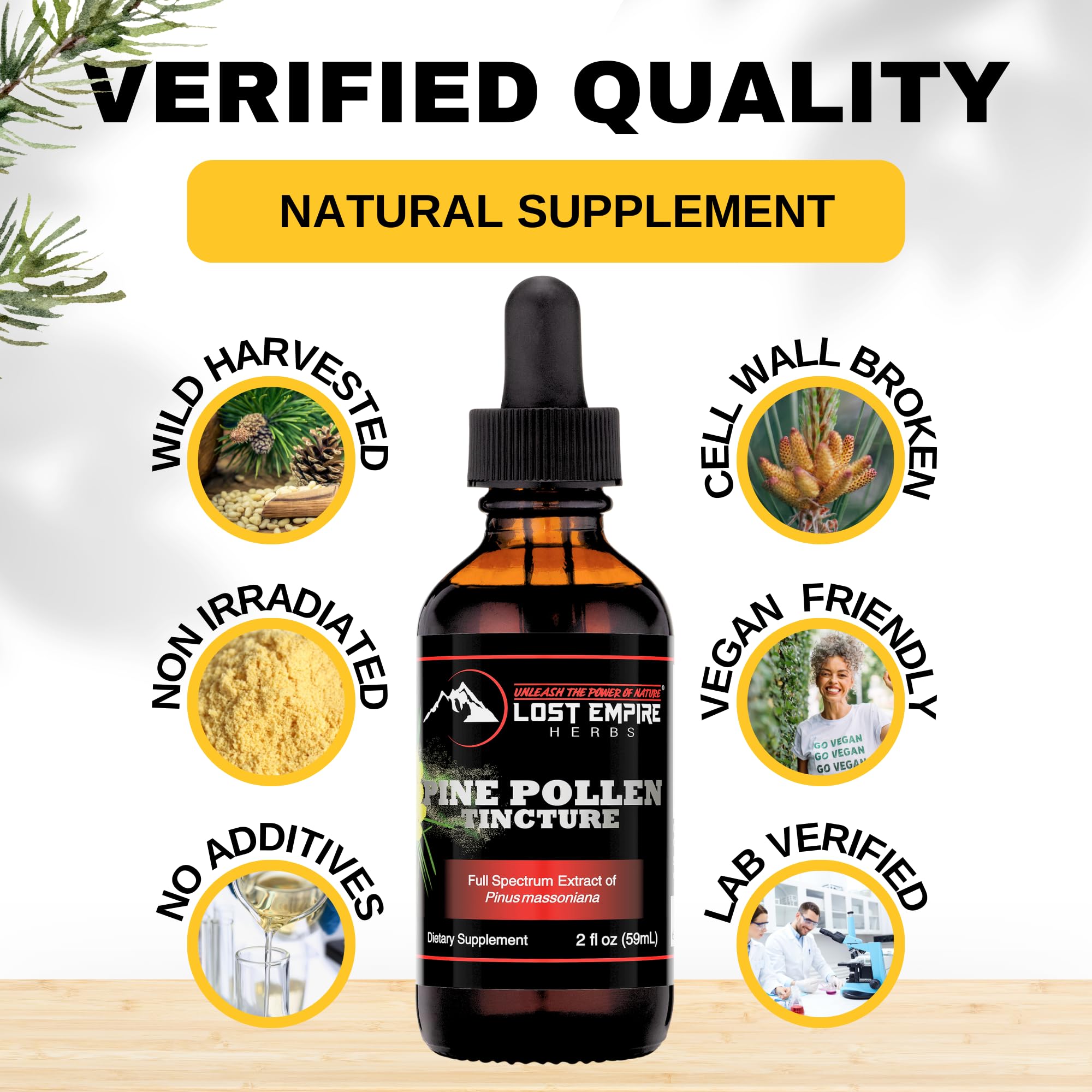 Lost Empire Herbs Pine Pollen Tincture pour; convenient dose for daily use.