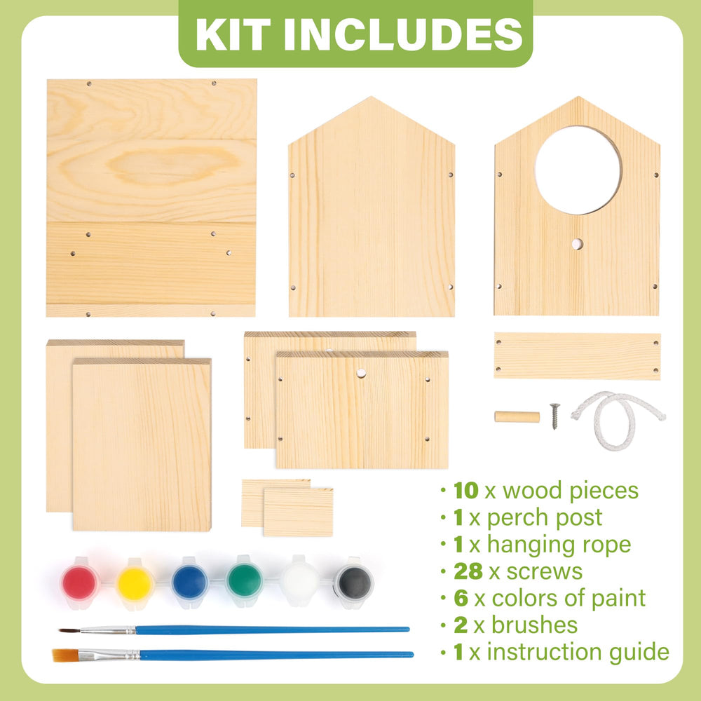LotFancy Bird House Kit painting activity with six colors for creative kids.