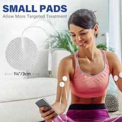 LotFancy TENS pads on skin showing strong gel adhesive for reliable adhesion.