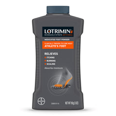 Lotrimin AF powder canister on shelf for easy foot fungus relief.