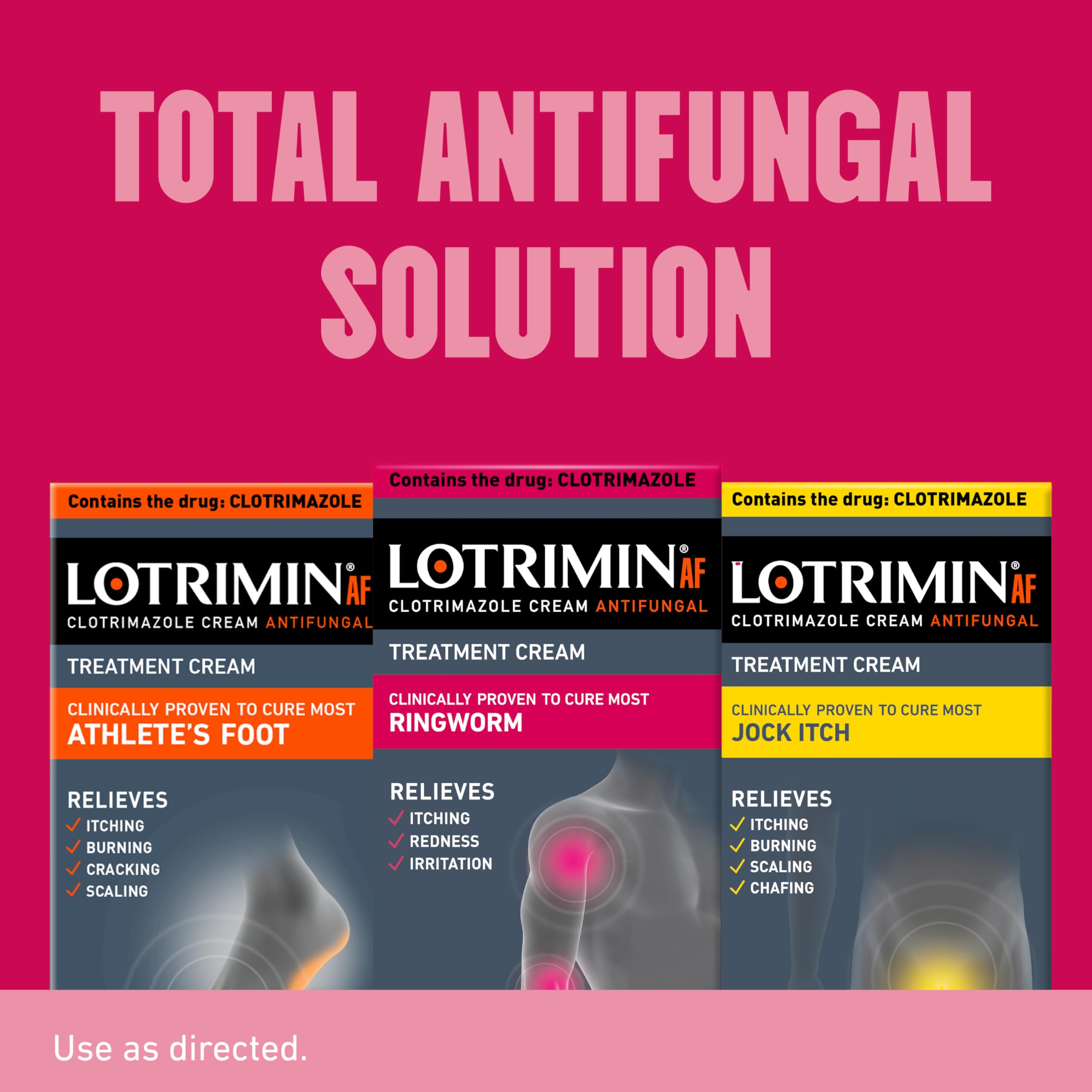 Contains 1% clotrimazole to address ringworm symptoms on skin.