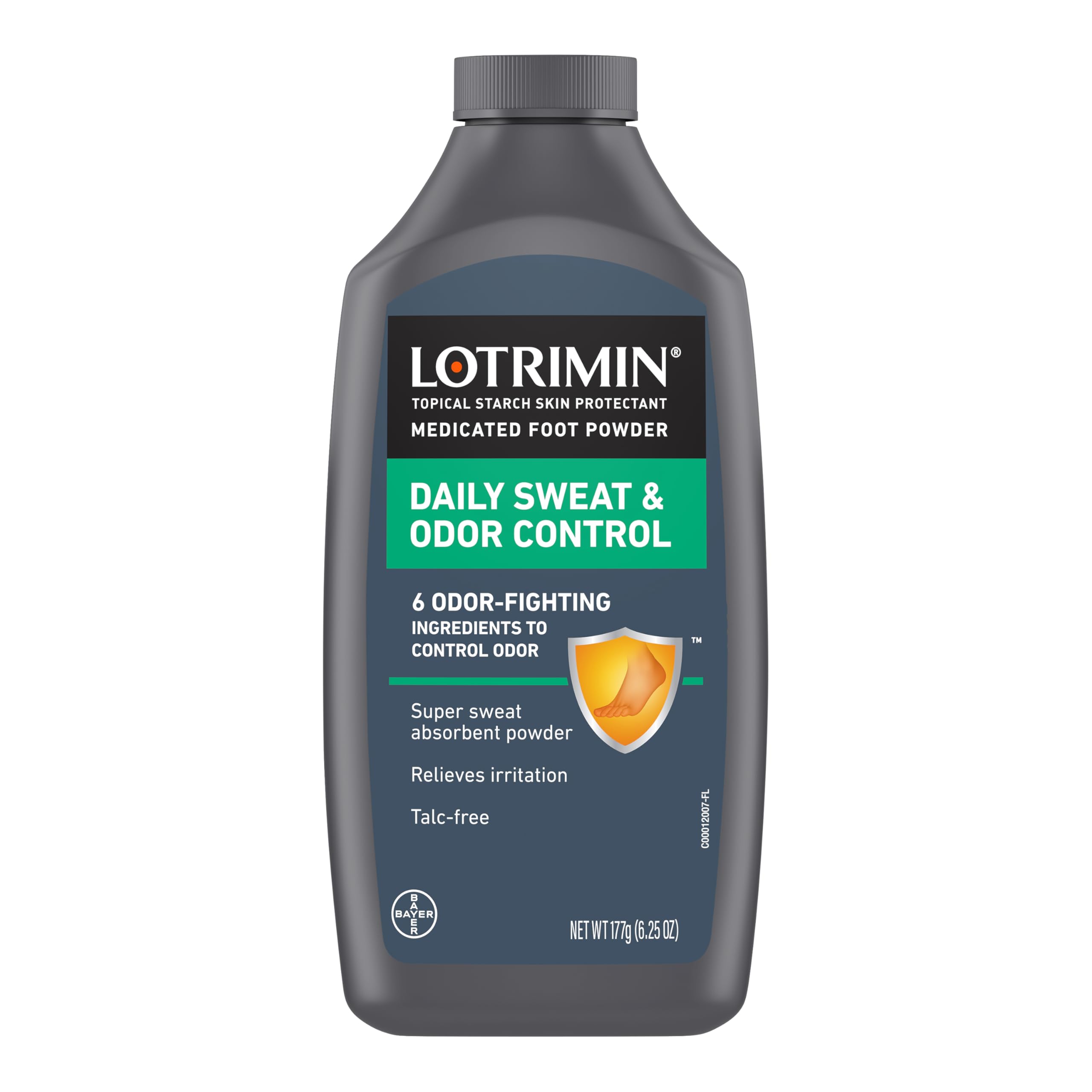 Lotrimin daily foot powder bottle showing all-day odor control and dryness.