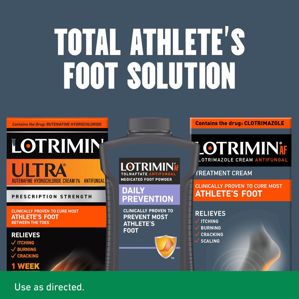 Texture close-up of Lotrimin powder highlighting talc-free formula for comfort.