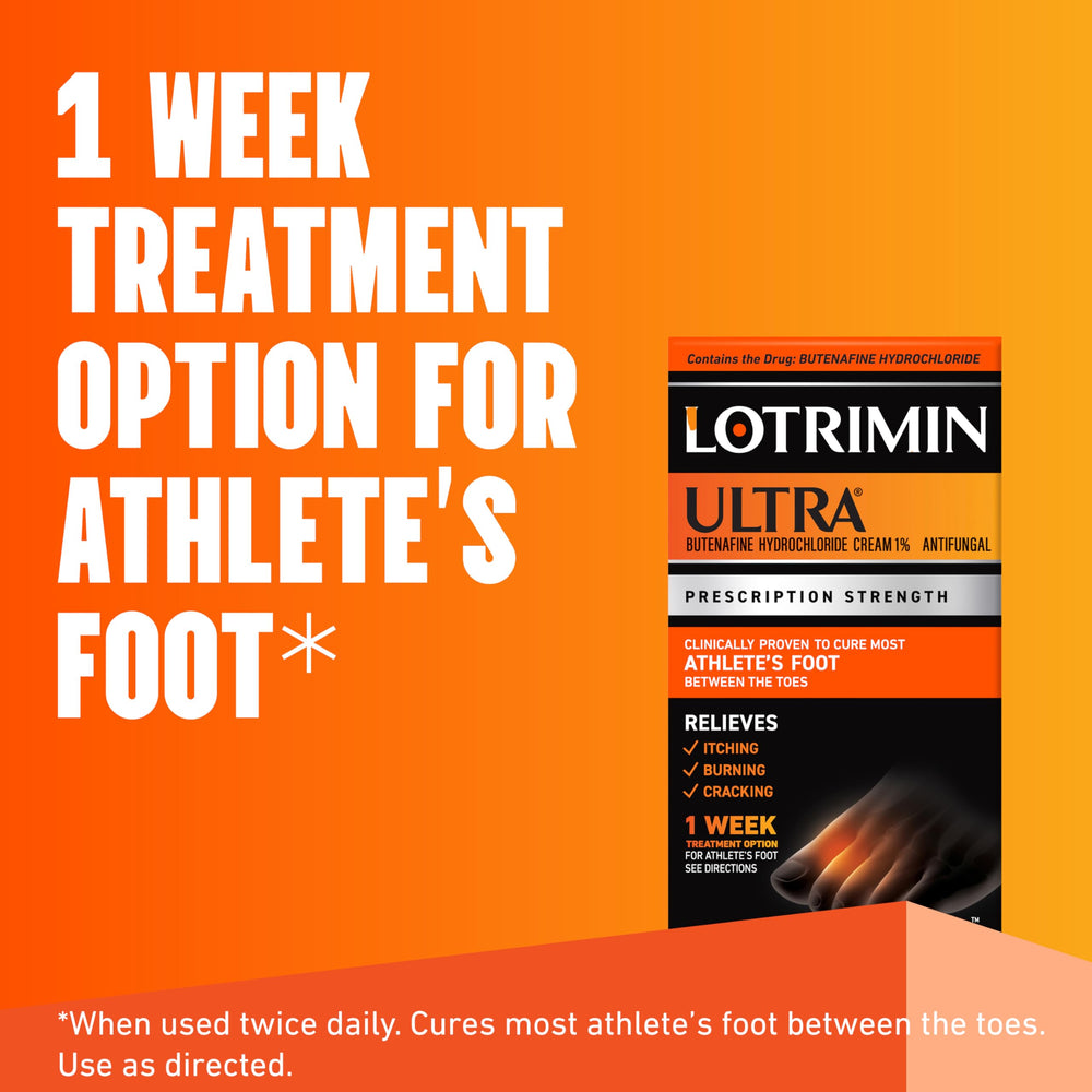 Lotrimin Ultra packaging box with one-week treatment claim for fast foot relief.