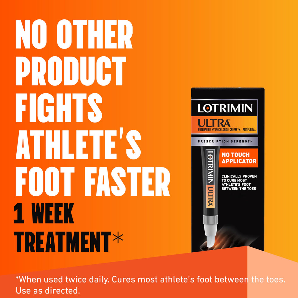 Lotrimin Ultra prescription-strength cream tube ready for between-toes use.