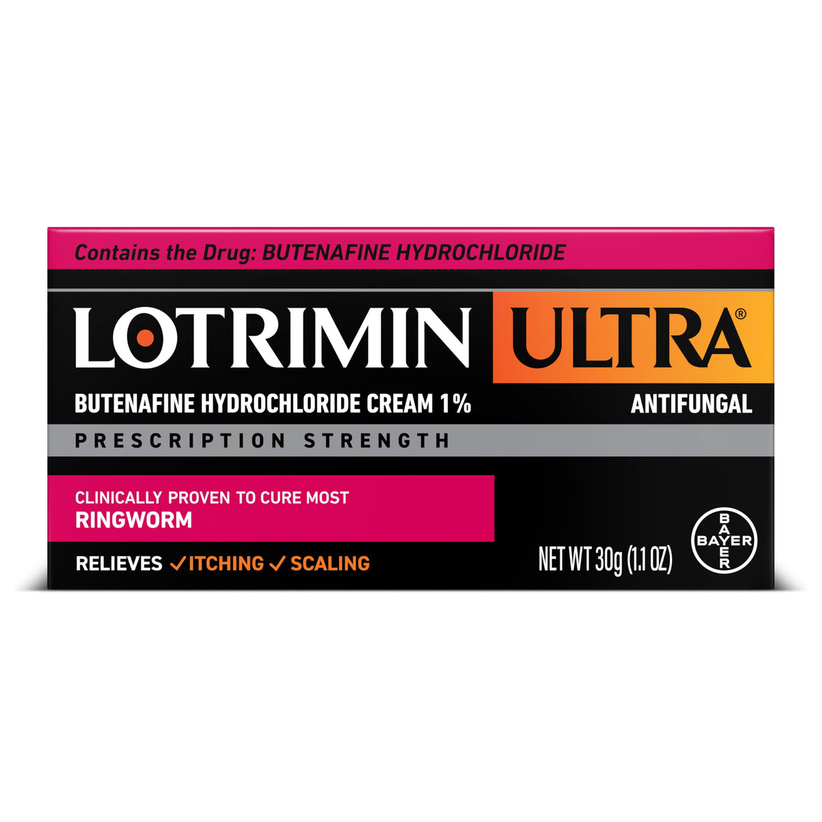 Lotrimin Ultra Ringworm Cream bottle with 1% butenafine for antifungal relief.
