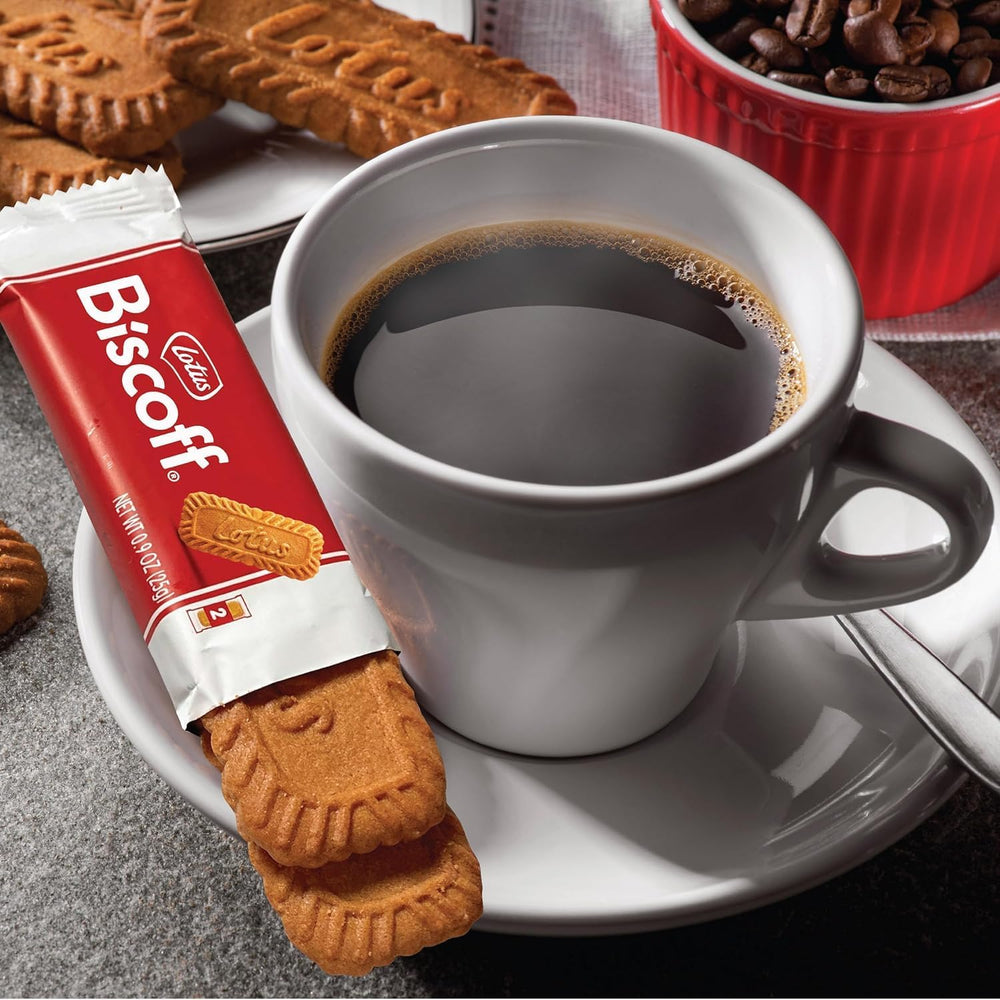 Lotus Biscoff packaging detail shows a 20-sleeve box.