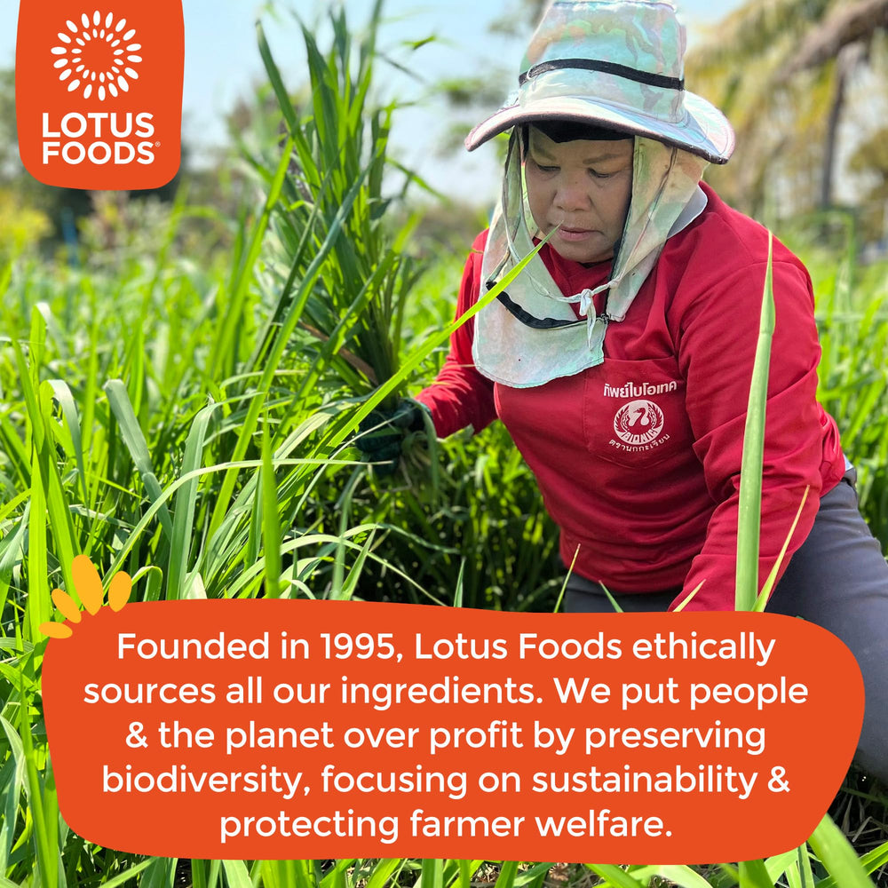 Packaging carries ethical sourcing and biodiversity notes from Lotus Foods.