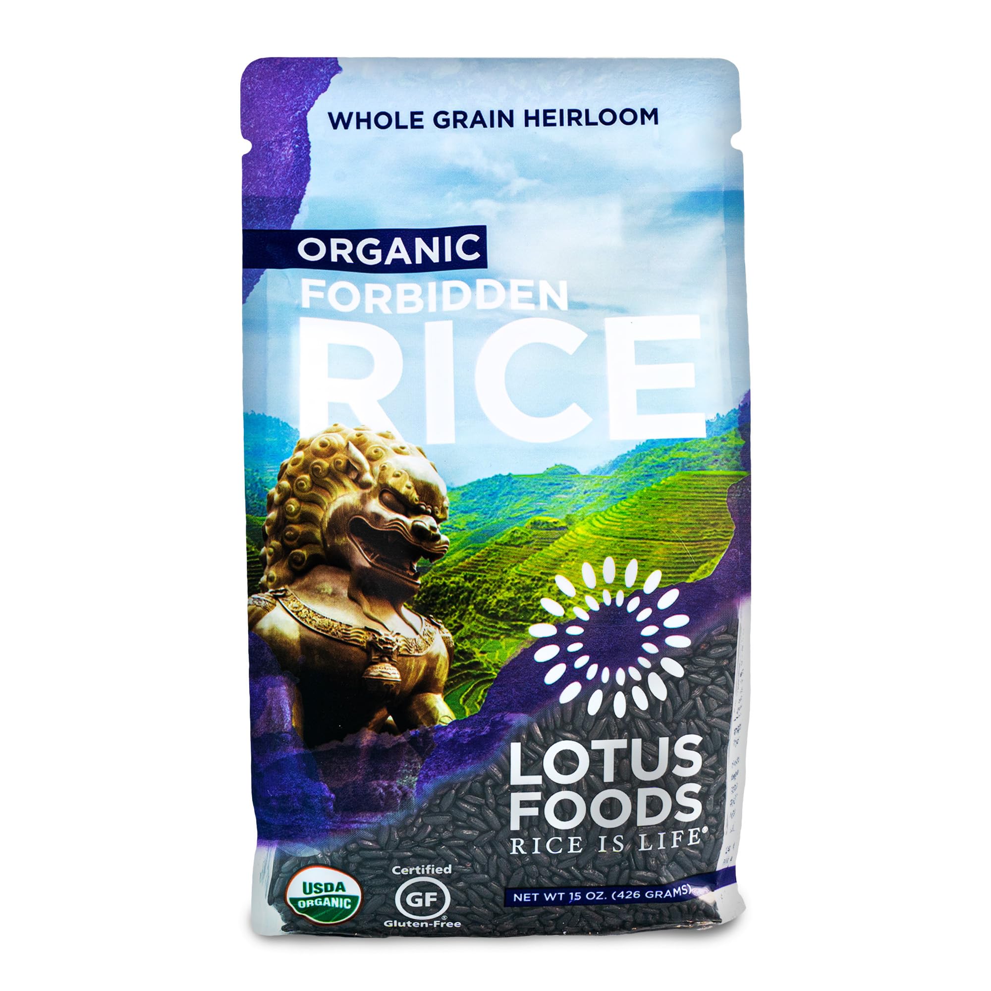 Lotus Foods Forbidden Rice packaging front shows gluten-free, antioxidant-rich grain