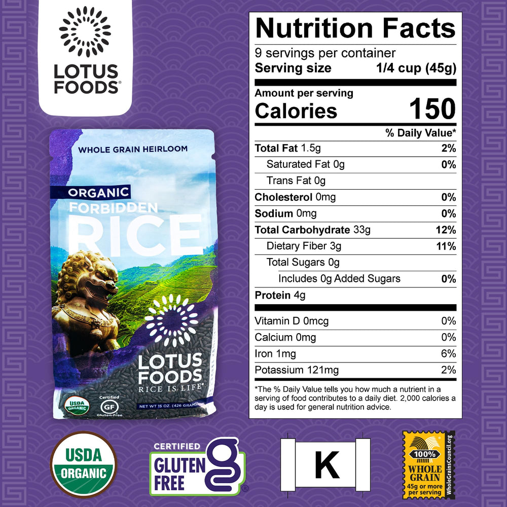 Lotus Foods Forbidden Rice raw grains highlight high-fiber, whole-grain nutrition