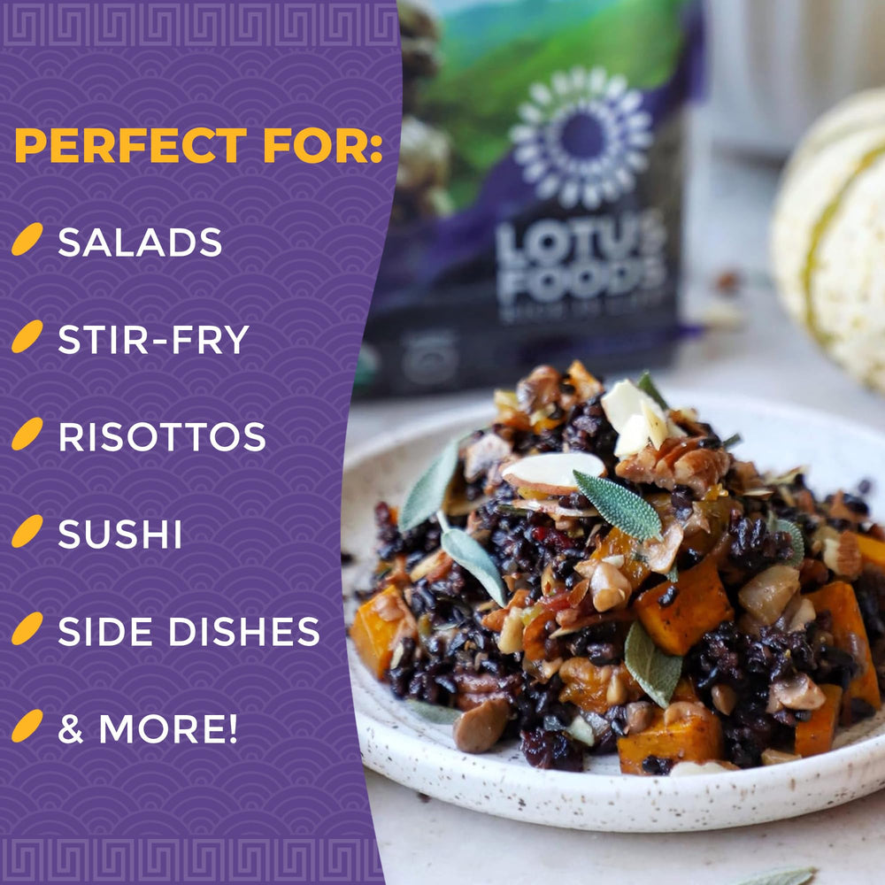 Lotus Foods Forbidden Rice serving bowl showcases rich texture
