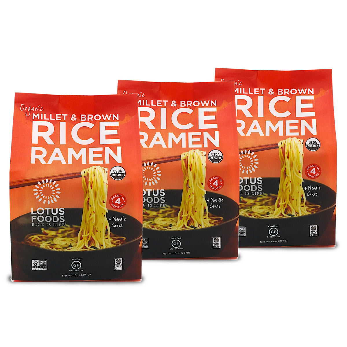 Lotus Foods ramen packaging highlights gluten-free, millet and brown rice noodles.