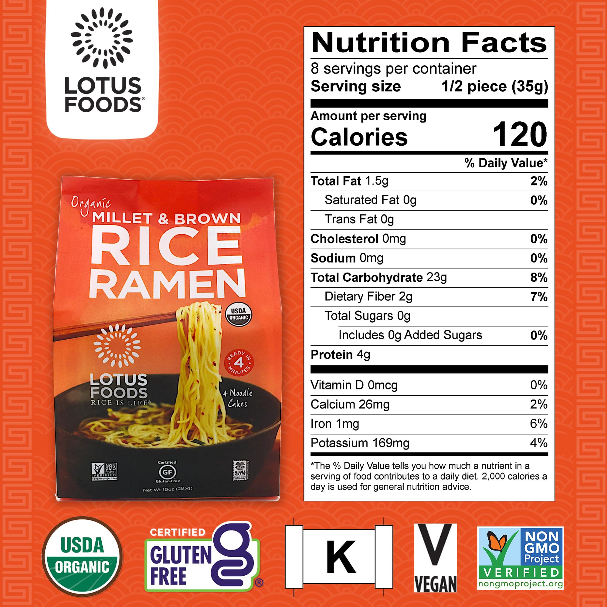 Organic brown rice and millet ingredients on label for two-ingredient whole-grain noodles.