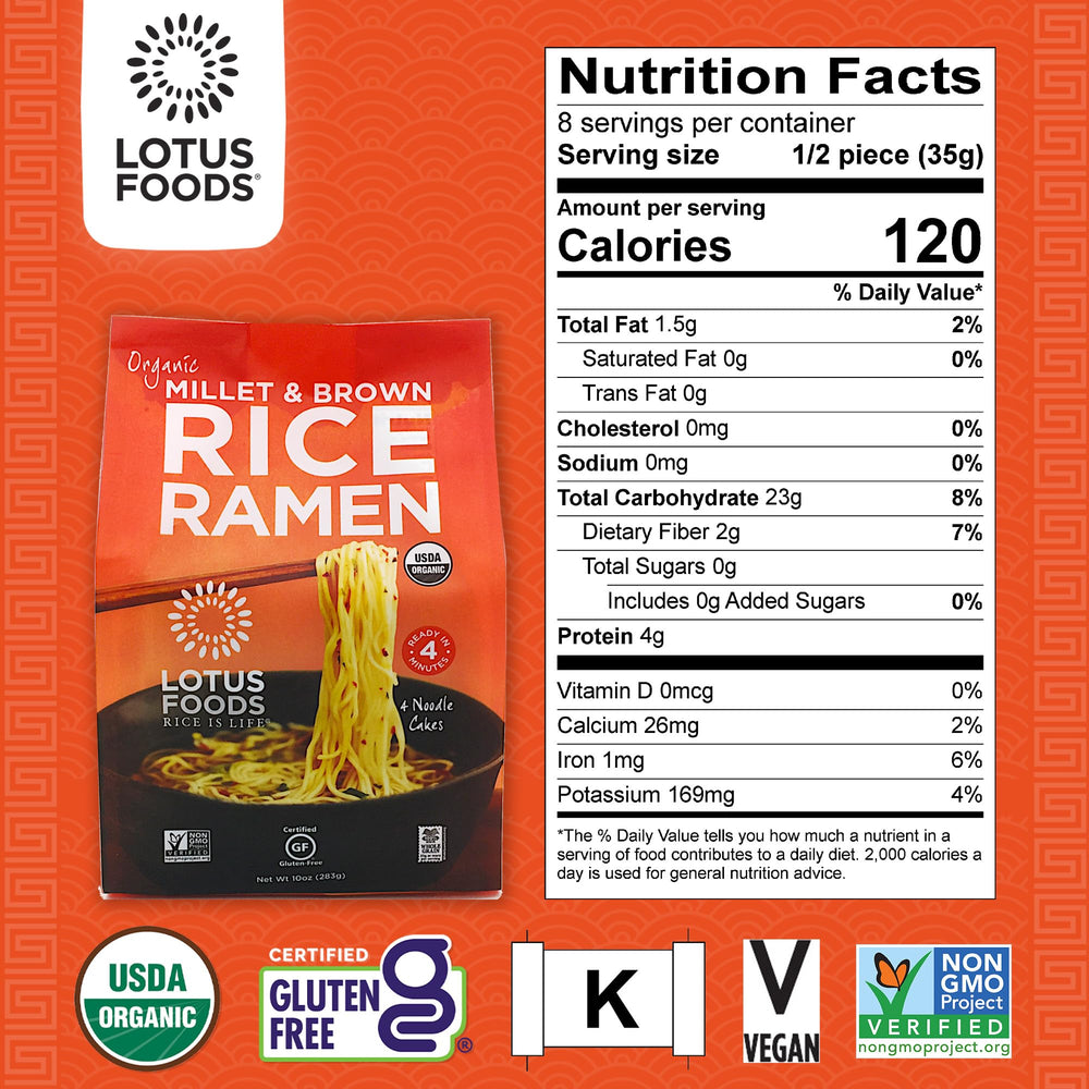 Organic brown rice and millet ingredients on label for two-ingredient whole-grain noodles.