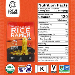 Organic brown rice and millet ingredients on label for two-ingredient whole-grain noodles.