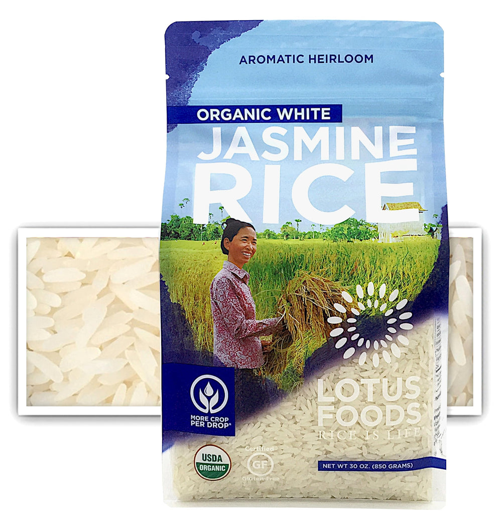 Lotus Foods Organic White Jasmine Rice bag on kitchen counter ready to cook fluffy grains