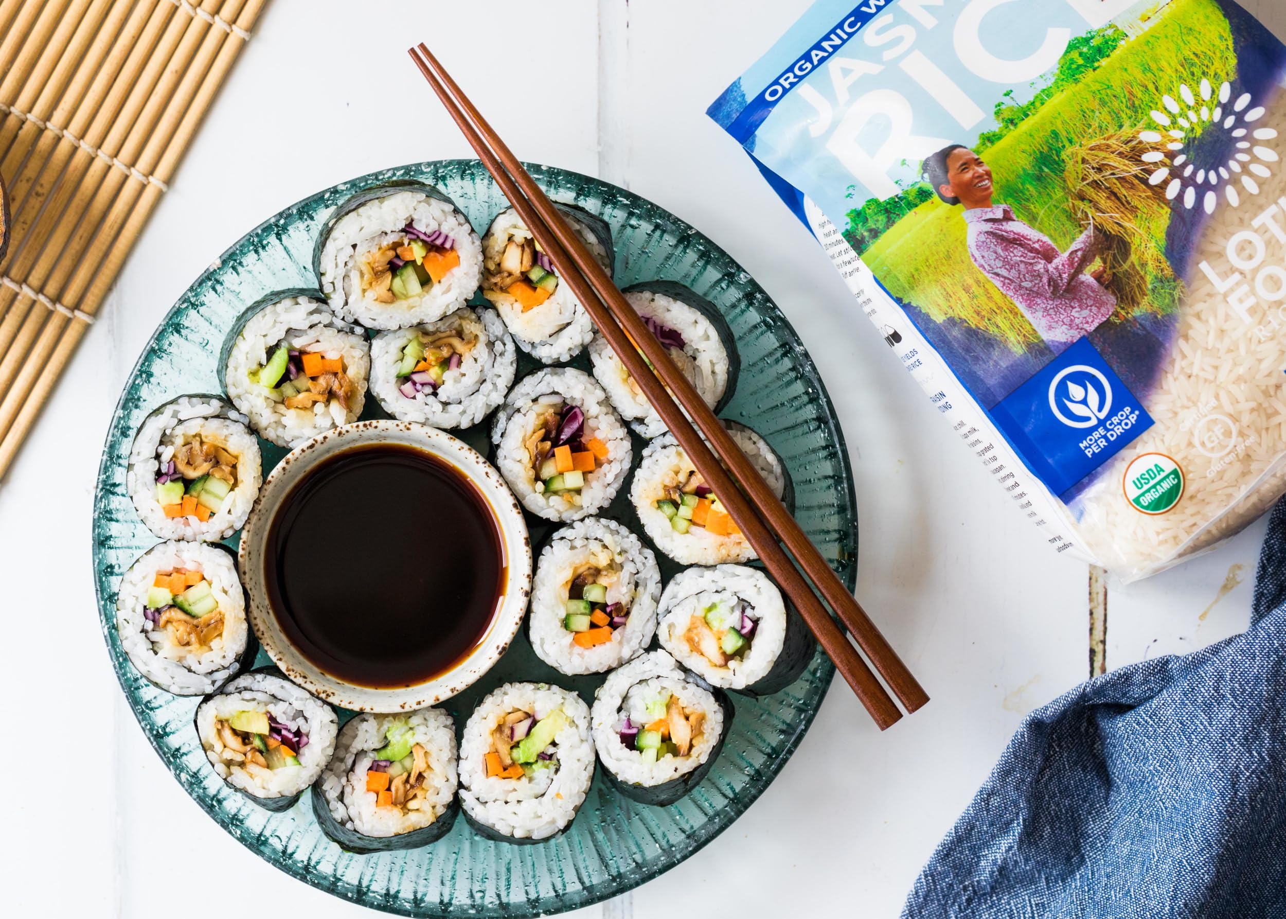 Lotus Foods Organic White Jasmine Rice family dinner gathered around the table