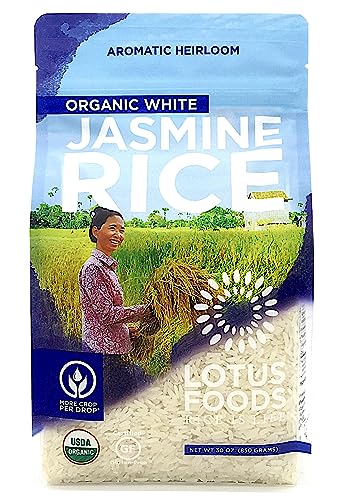 Lotus Foods Organic White Jasmine Rice measuring cup scene for precise cooking
