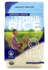 Lotus Foods Organic White Jasmine Rice measuring cup scene for precise cooking