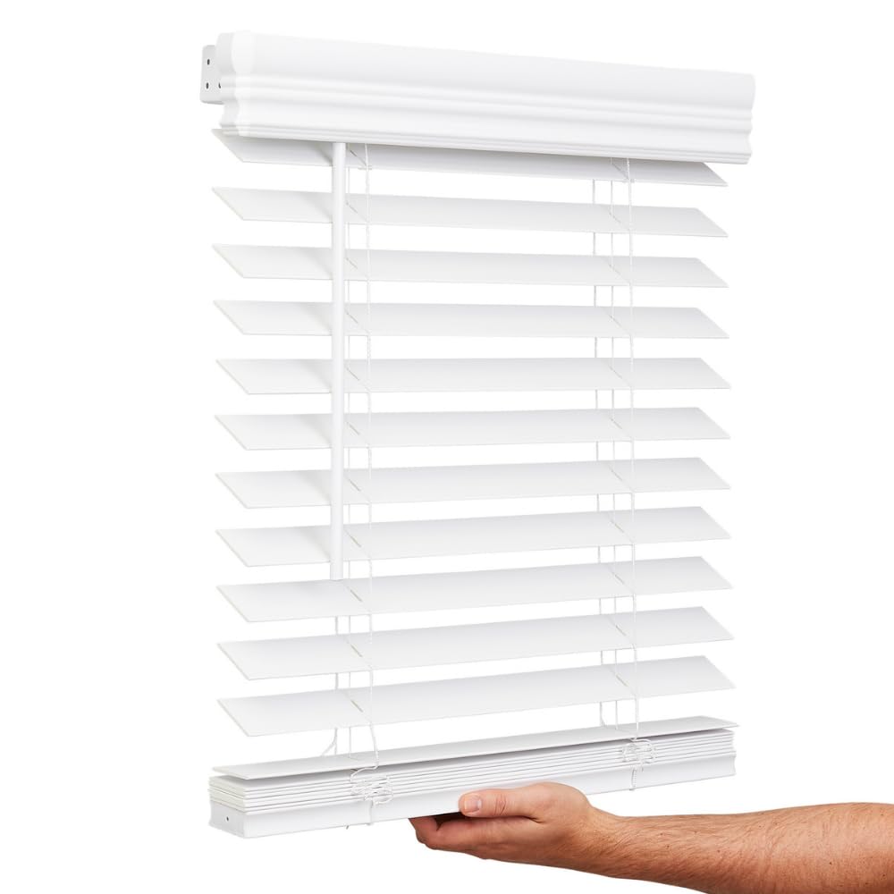Lotus & Windoware cordless faux wood blind in bright white for a clean, modern look.