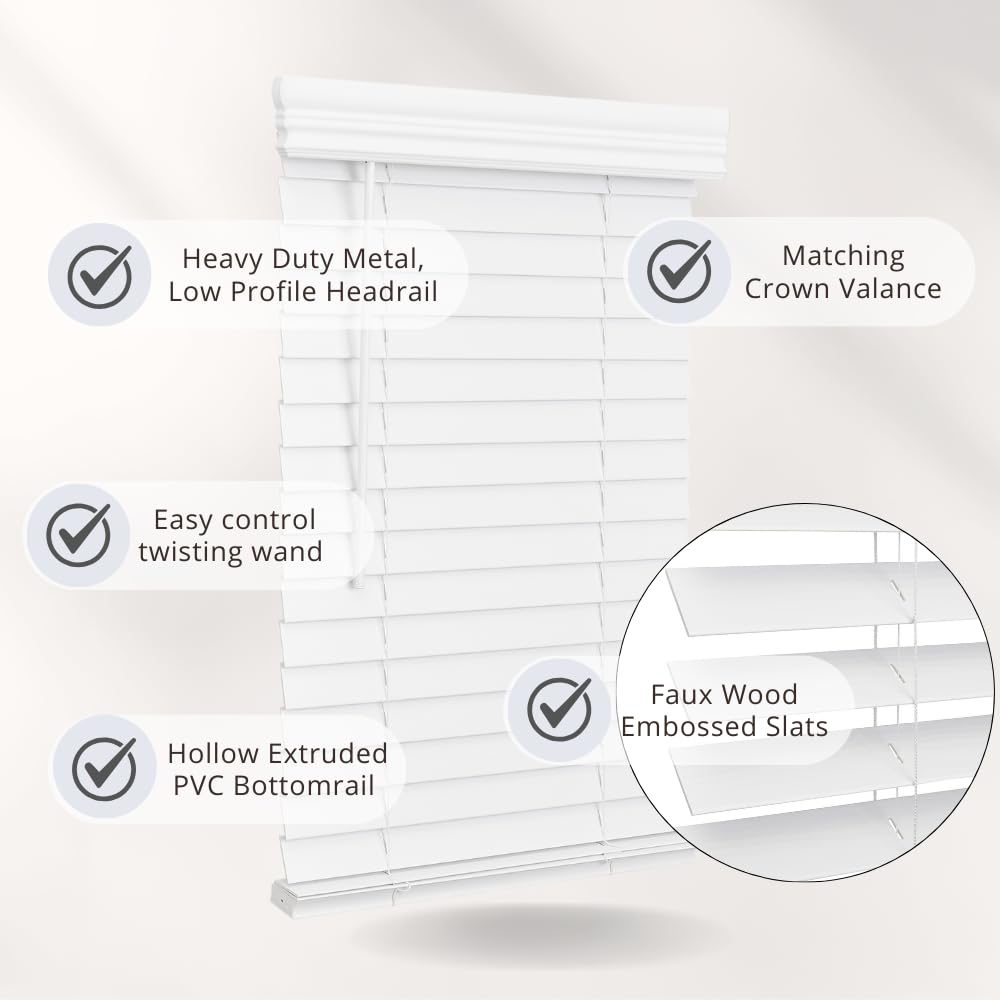 Lotus & Windoware embossed white faux wood blind adds clean, timeless style.