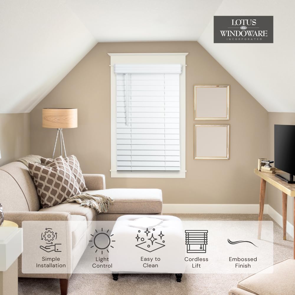Lotus & Windoware 34.5W x 60H faux wood blind, suitable for inside or outside mounting.