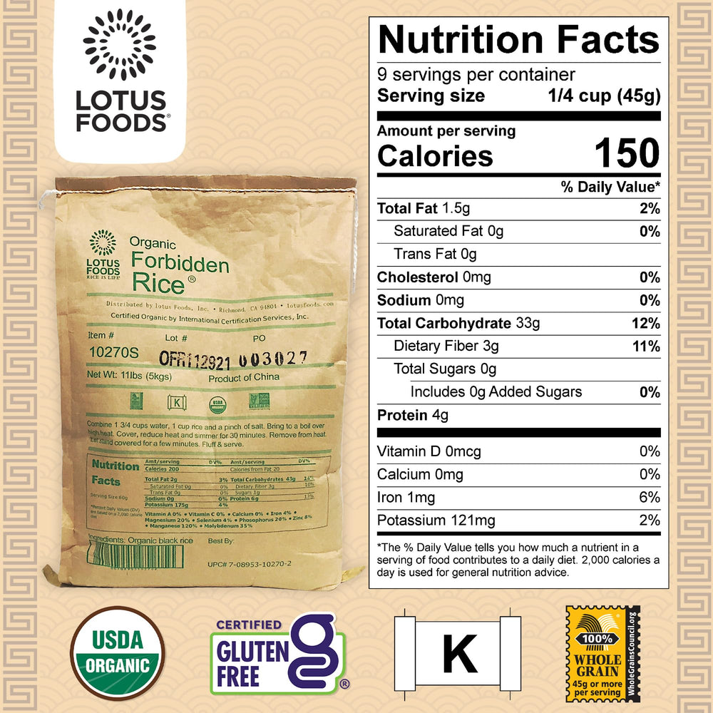 Lotus Foods black rice grains close-up, premium whole grain goodness.