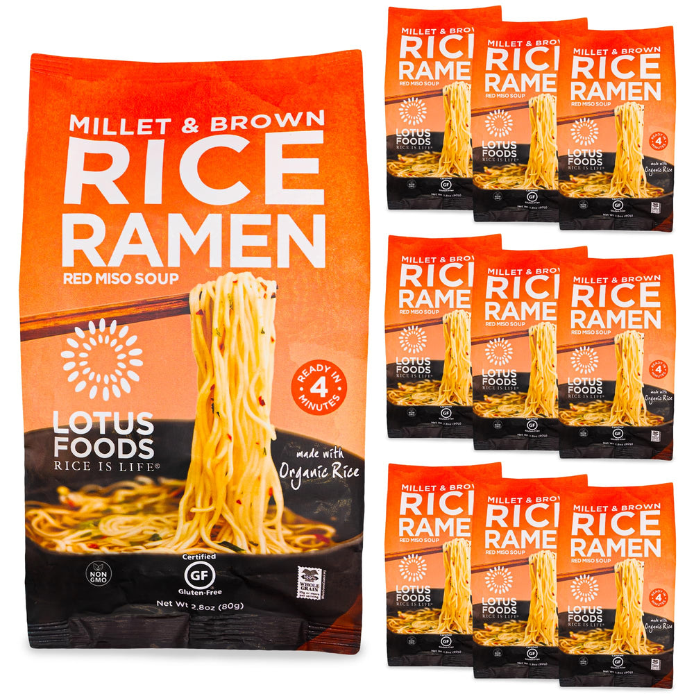 Lotus Foods millet-brown-rice ramen cakes in a bowl, gluten-free convenience for quick meals.
