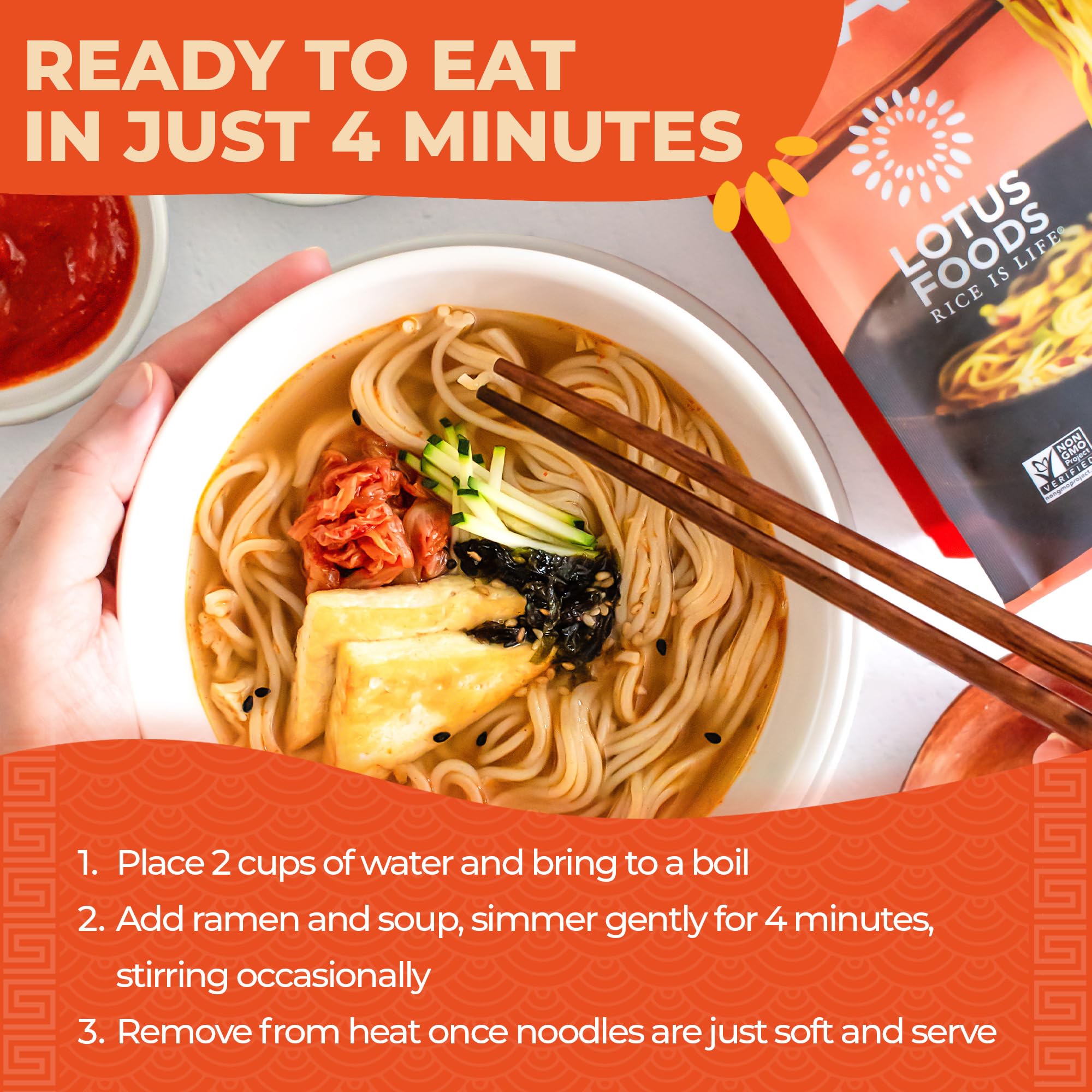 Lotus Foods miso soup ramen bowls ready in four minutes.