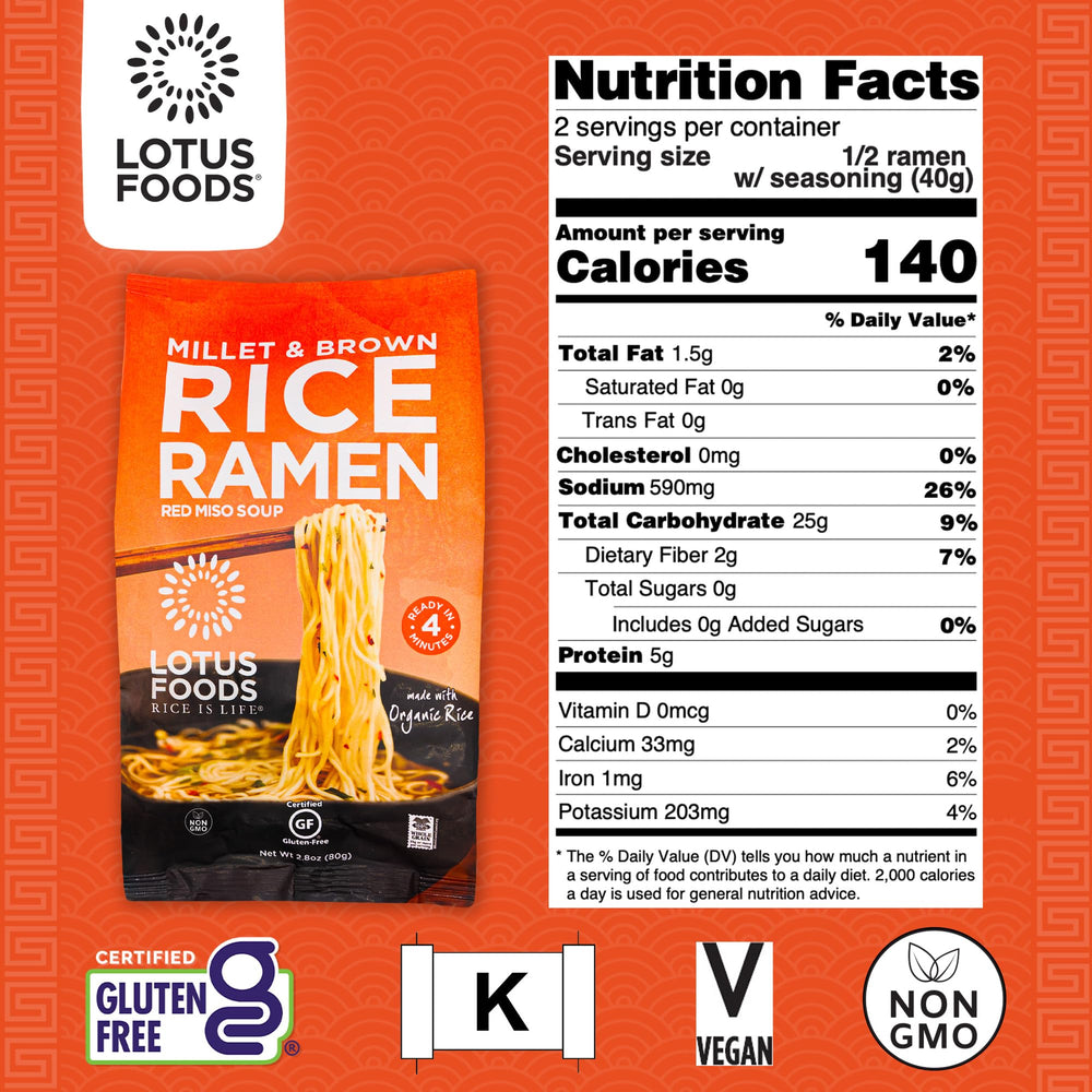 Lotus Foods red miso broth packets add savory depth to a plant-based ramen.