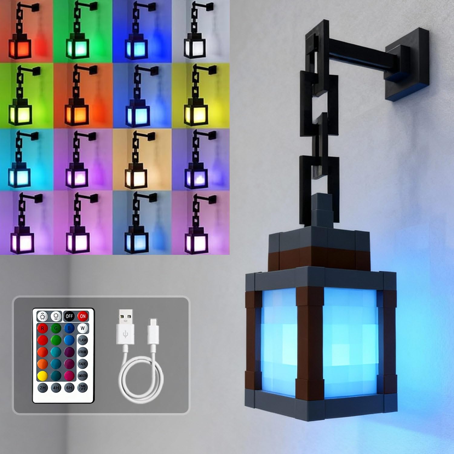 LOUHH Pixelated Lantern Night Light in wall-mounted form adds vibrant color options for game rooms.