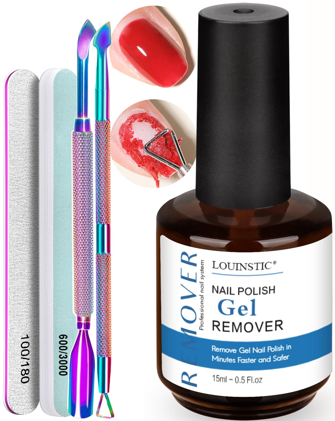 Louinstic gel nail remover bottle shows quick no-soak removal capability