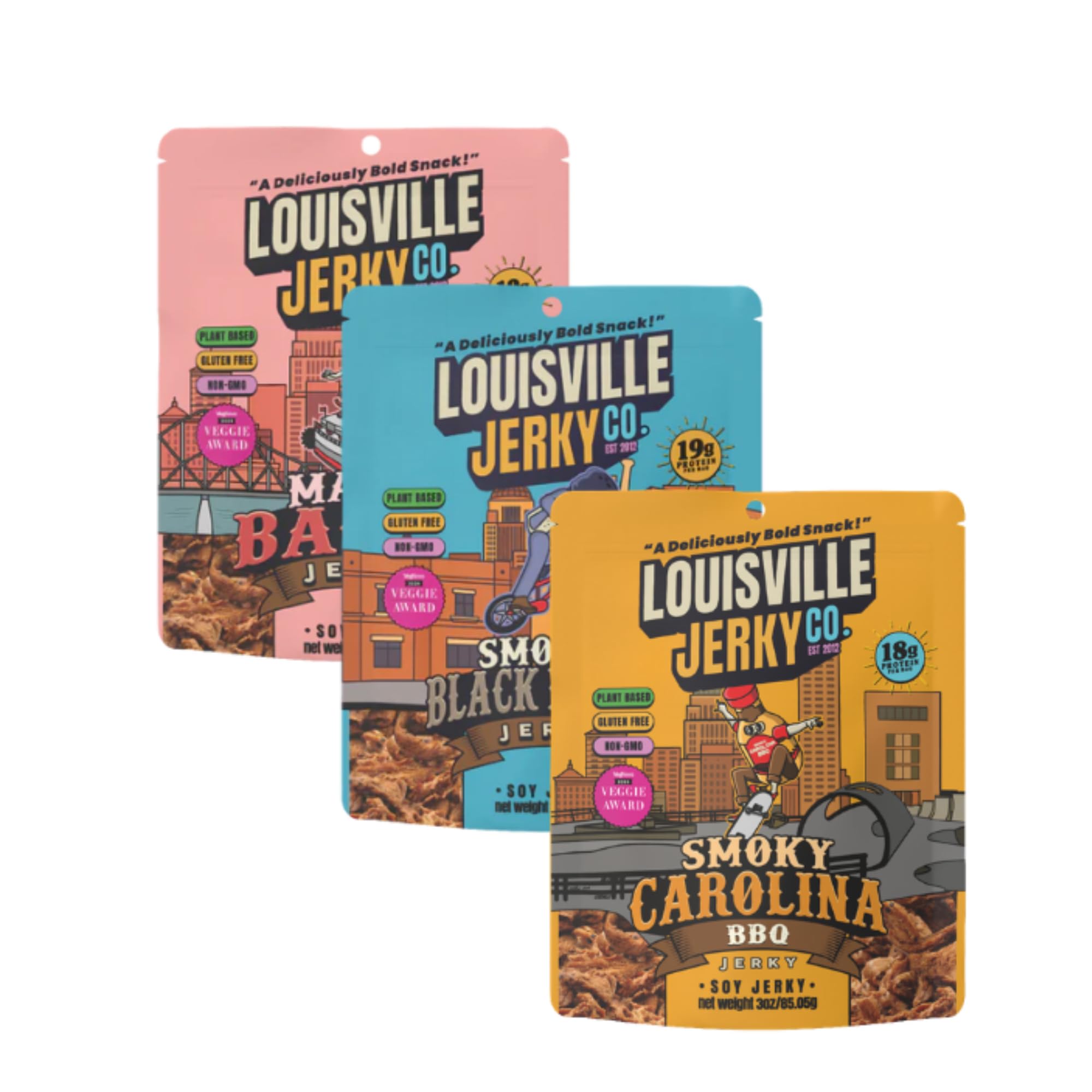 Louisville Vegan Jerky Smoky Carolina BBQ bag close-up highlighting rich, protein-packed snack