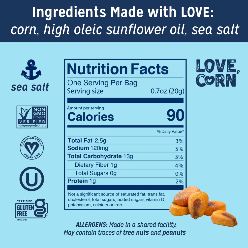 Love Corn 20-pack snack bags, convenient for lunchboxes and travel.