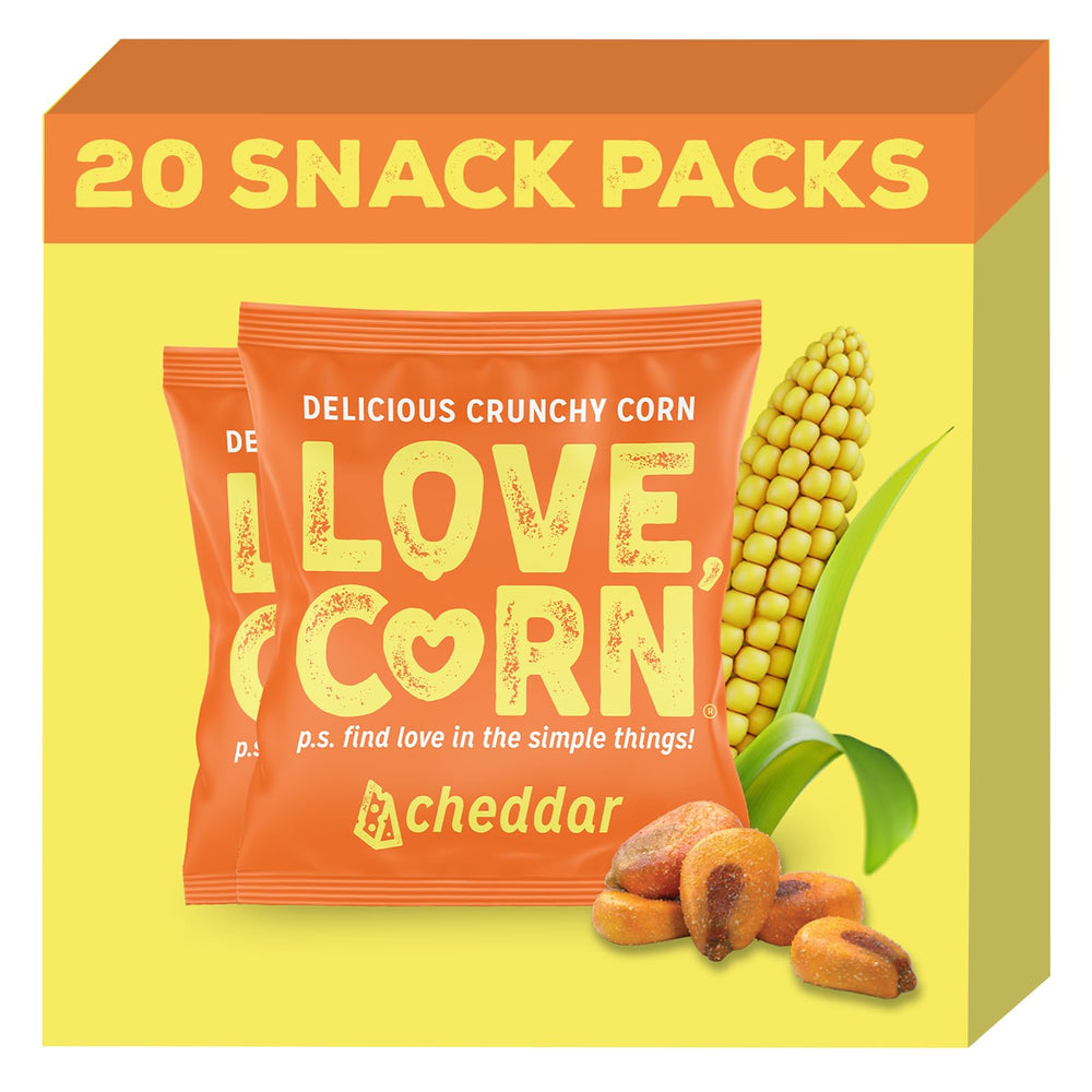 Love Corn Cheddar bag closeup—crispy kernels perfect for gluten-free snacking.