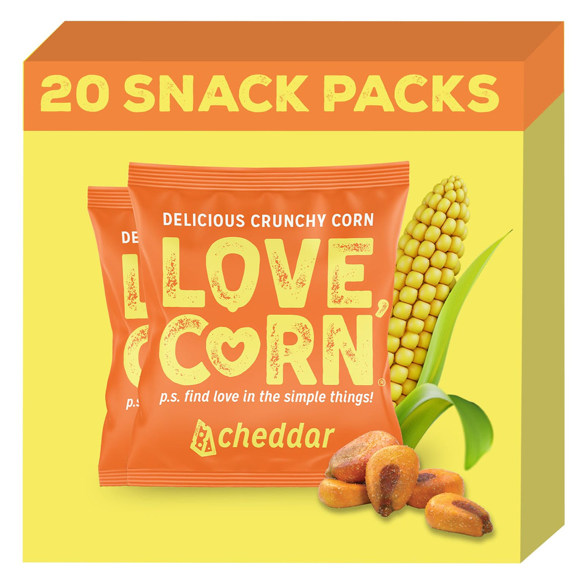 Love Corn Cheddar bag closeup—crispy kernels perfect for gluten-free snacking.