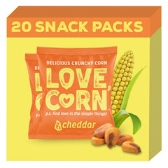 Love Corn Cheddar bag closeup—crispy kernels perfect for gluten-free snacking.