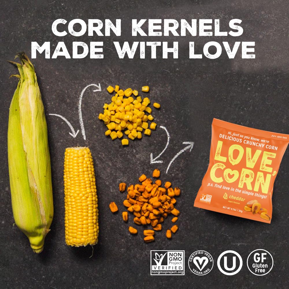Love Corn Cheddar texture closeup highlights crunchy, plant-based pleasure.