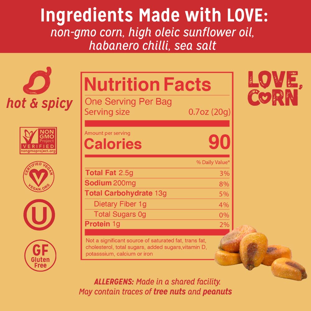 Love Corn Hot & Spicy close crunch shows crisp texture and non-GMO ingredients.