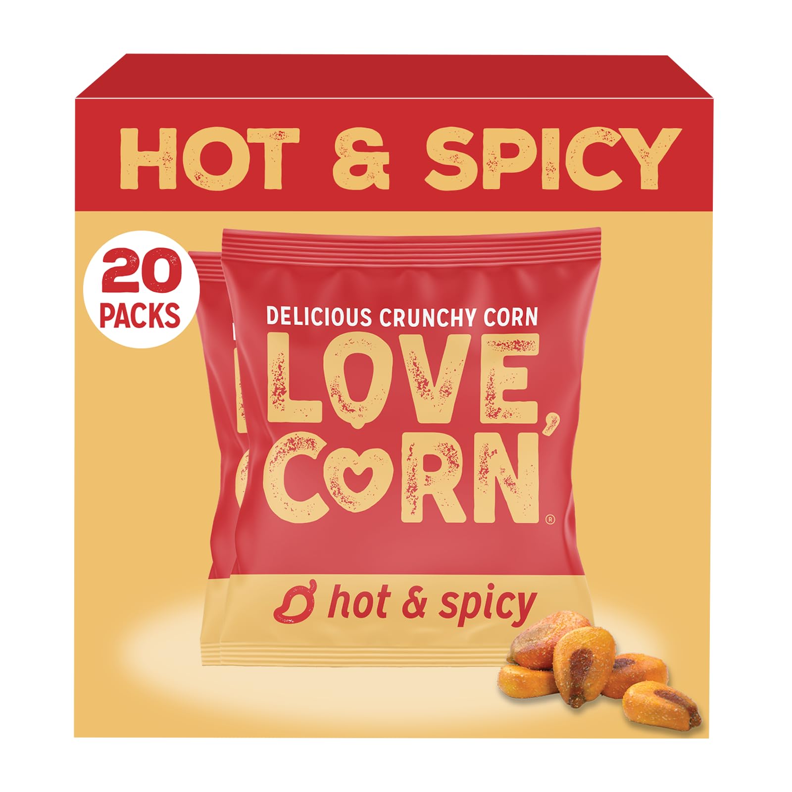 Love Corn Hot & Spicy front pack showing bold crunch and vegan, gluten-free snack.
