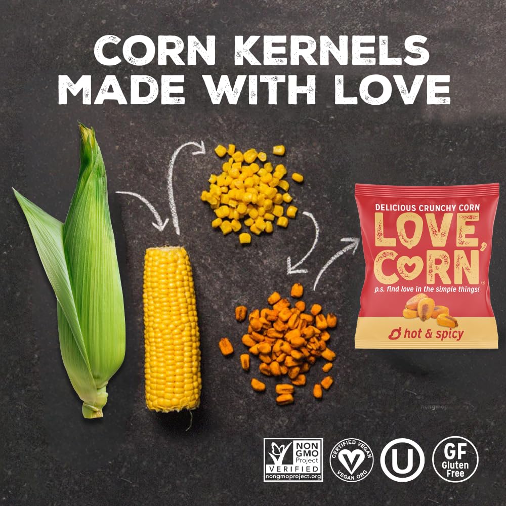 Love Corn Hot & Spicy ingredients reveal simple, whole kernels and light seasoning.