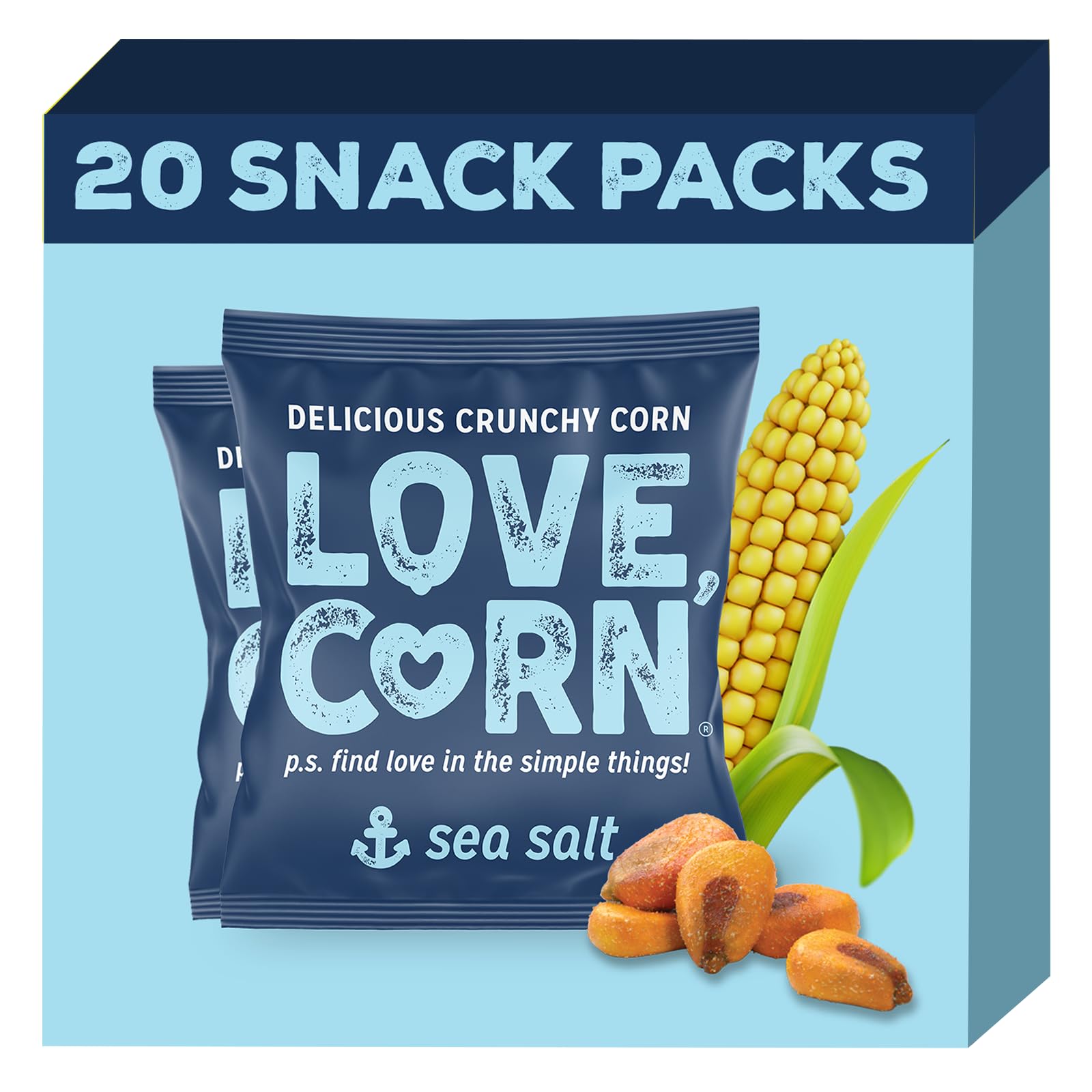 Love Corn sea salt crunchy roasted corn snack in bag, savory and satisfying.