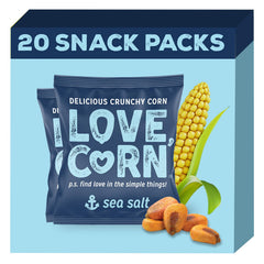 Love Corn sea salt crunchy roasted corn snack in bag, savory and satisfying.