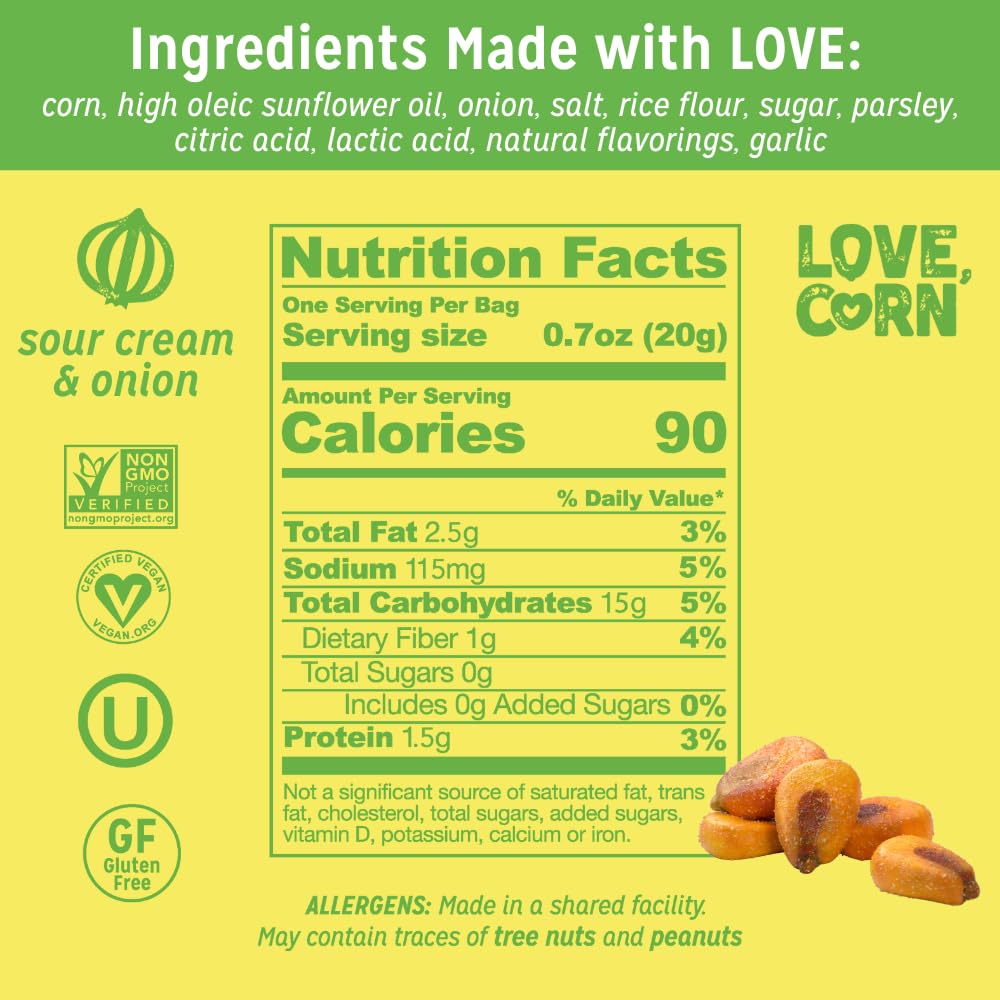 Love Corn Sour Cream & Onion crunchy kernels showcasing bold flavor for on-the-go cravings.