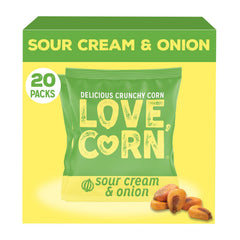 Love Corn Sour Cream & Onion pack shot highlighting gluten-free, vegan snack options.