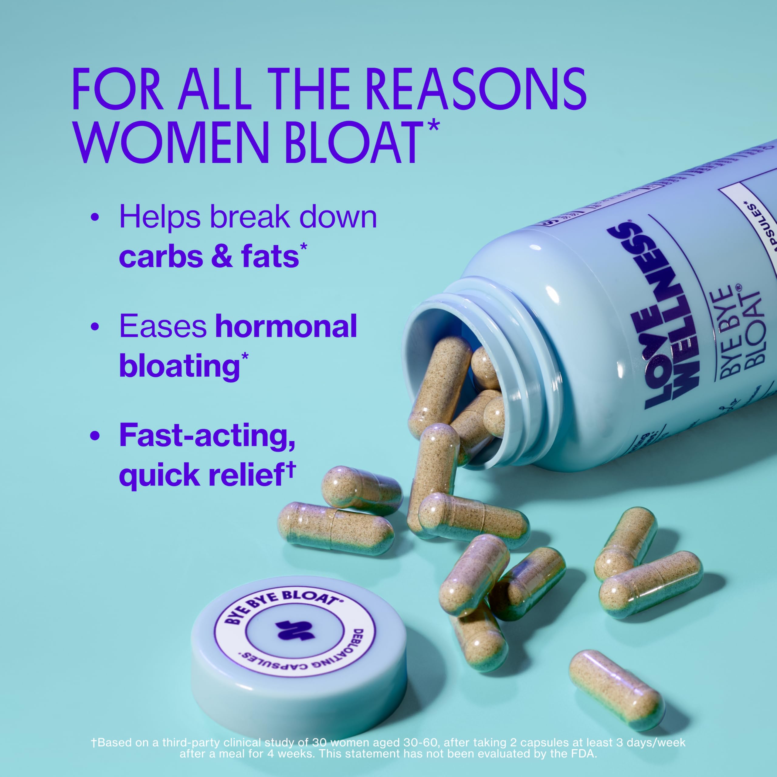 Love Wellness Bye Bye Bloat capsules closeup highlighting fast-acting relief.