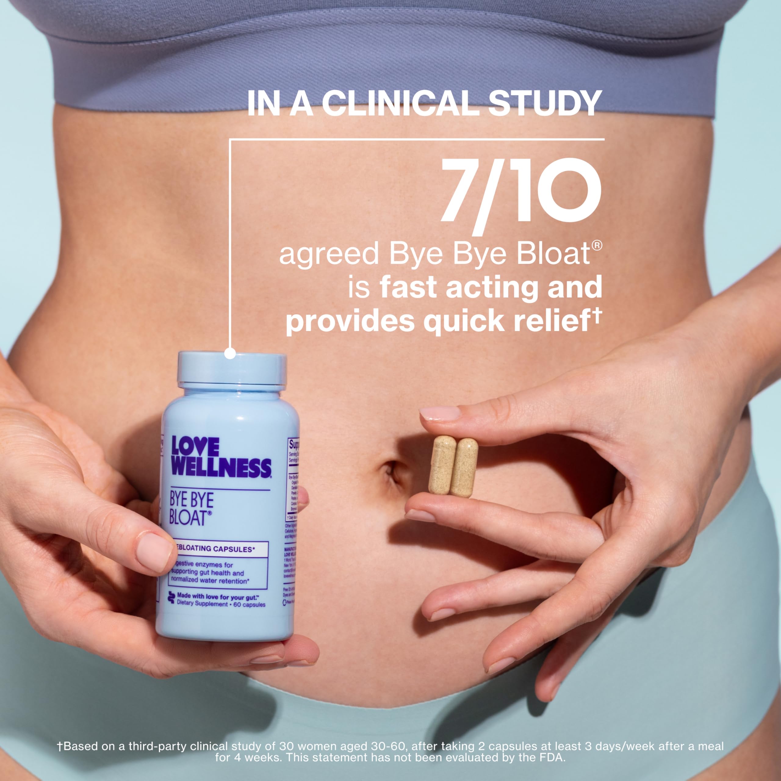 Love Wellness Bye Bye Bloat fenugreek-dandelion blend supports digestion and gentle water balance.