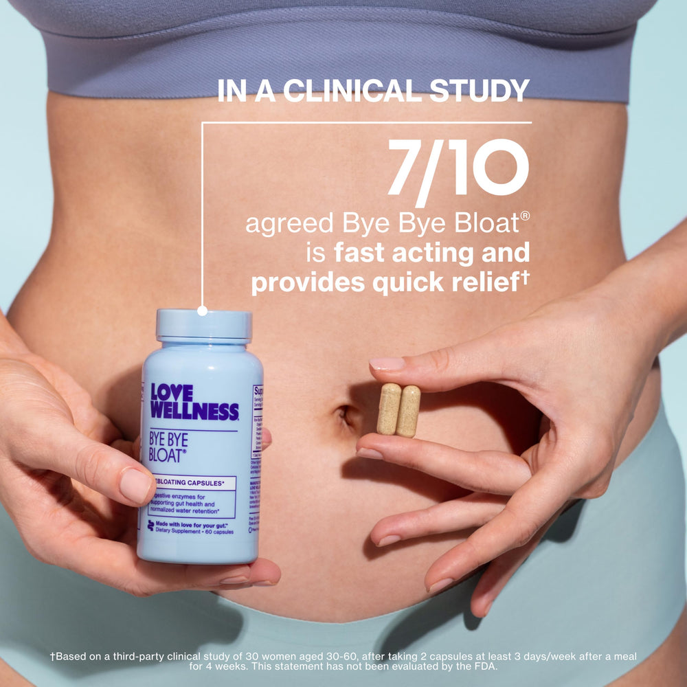 Love Wellness Bye Bye Bloat fenugreek-dandelion blend supports digestion and gentle water balance.