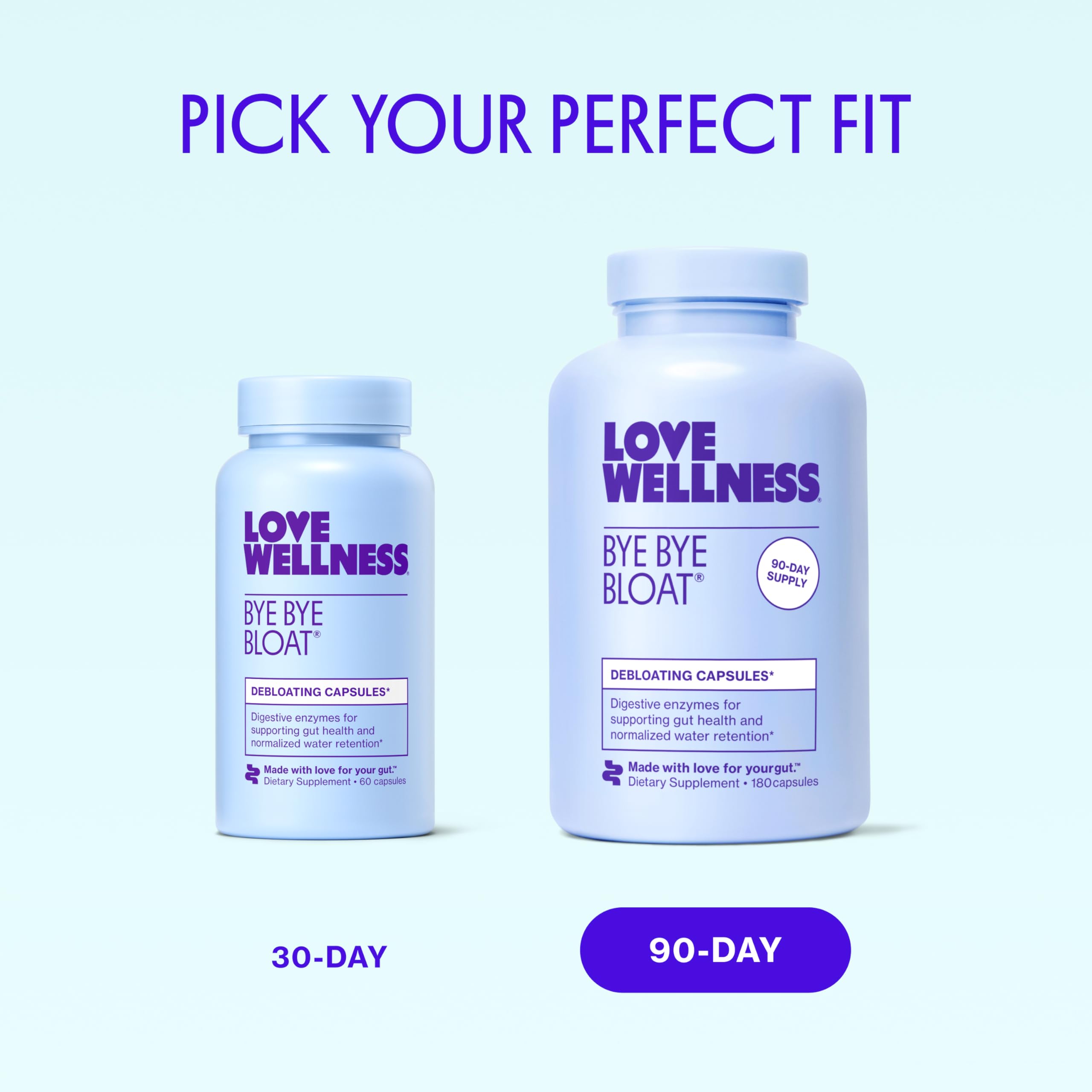 Love Wellness Bye Bye Bloat packaging emphasizes clean ingredients and eco-friendly design.